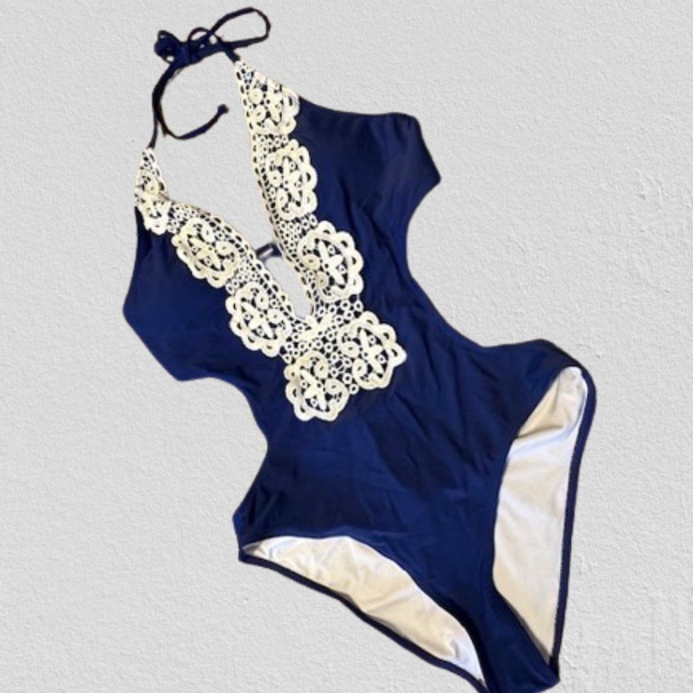 Cupshe Blue Lace Cut Out Plunging Swimsuit 4219 NWT Boutique - Picture 2 of 8